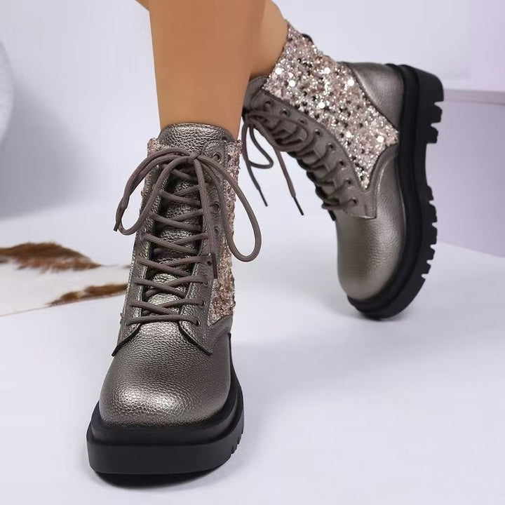 Women's glittering lace-up biker boots with a robust profiled sole and metallic grained surface Mune Fashion