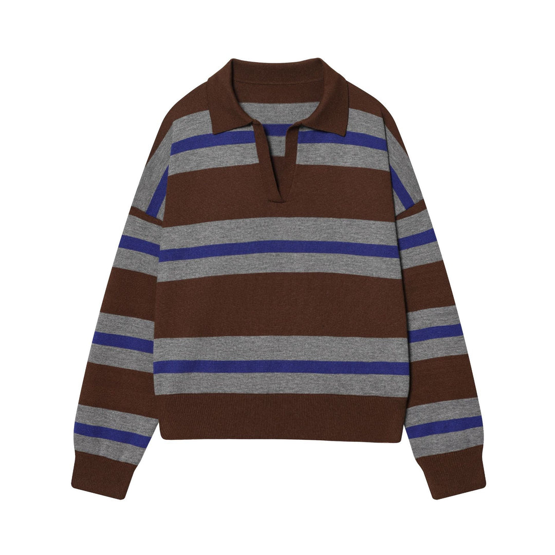Women's striped rugby pullover with polo collar, open V-neck and wide ribbed cuff Mune Fashion