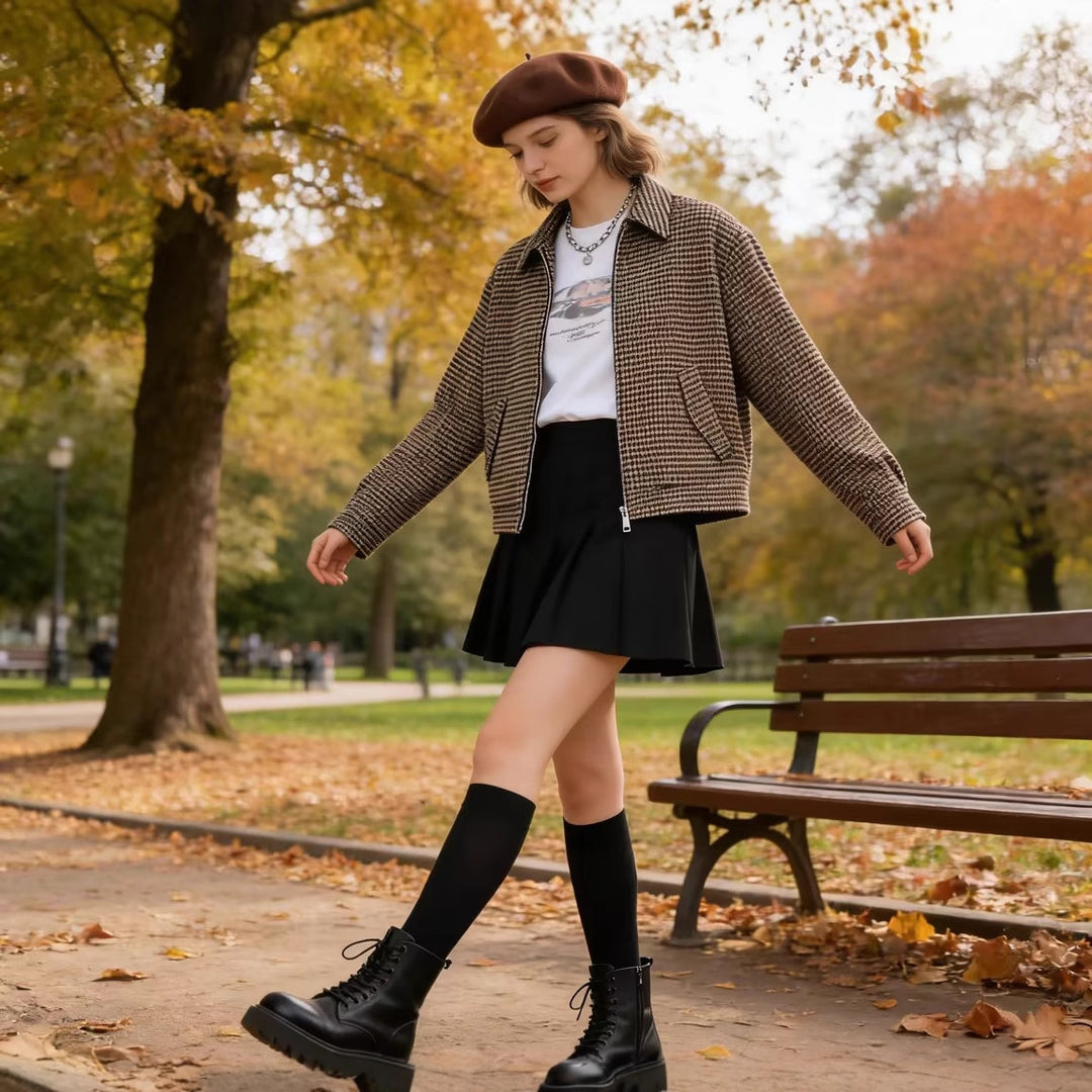 Women Boxy Short Jacket made of Wool Blend with Houndstooth Pattern, Zipper and Shirt Collar Mune Fashion
