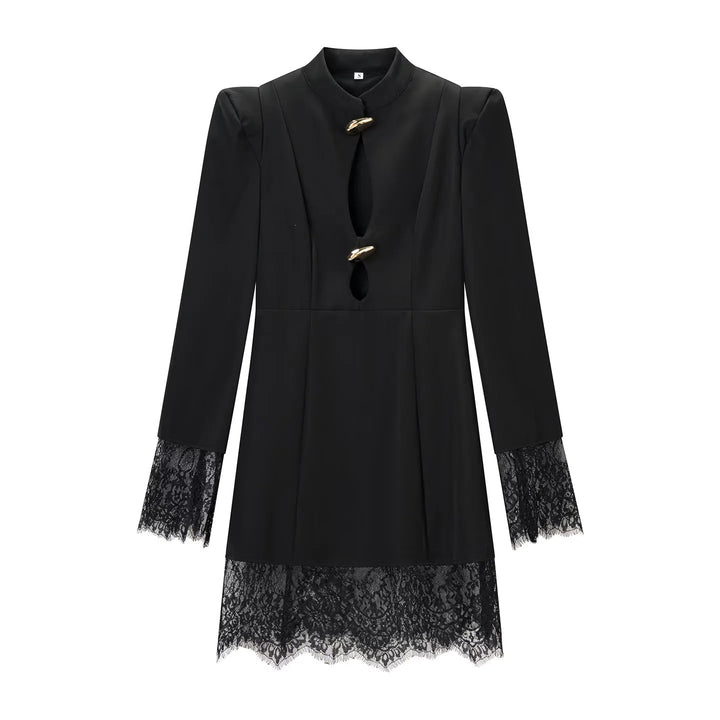 Women's midi dress with stand-up collar, cut-out front, gold decorative fasteners, and lace trim Mune Fashion
