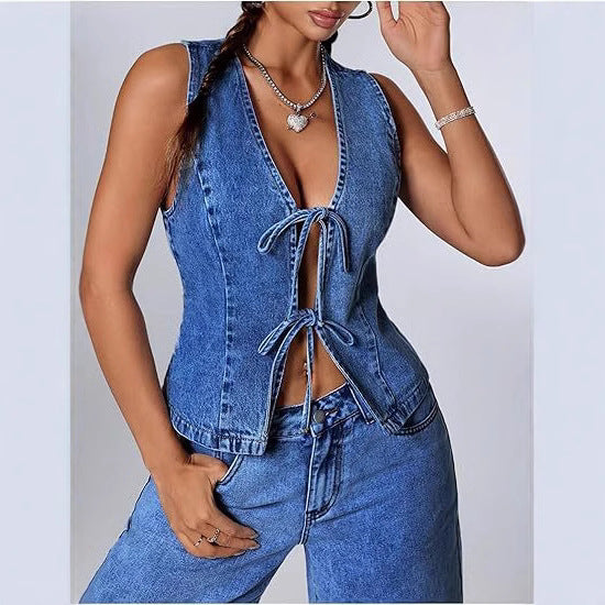 Women's Fitted Denim Vest with V-Neck and Tie Detail Mune Fashion