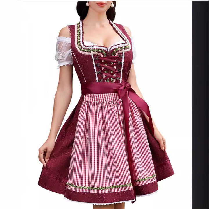 Ladies traditional dirndl dress with lace sleeves, bodice corset, and gathered apron Mune Fashion