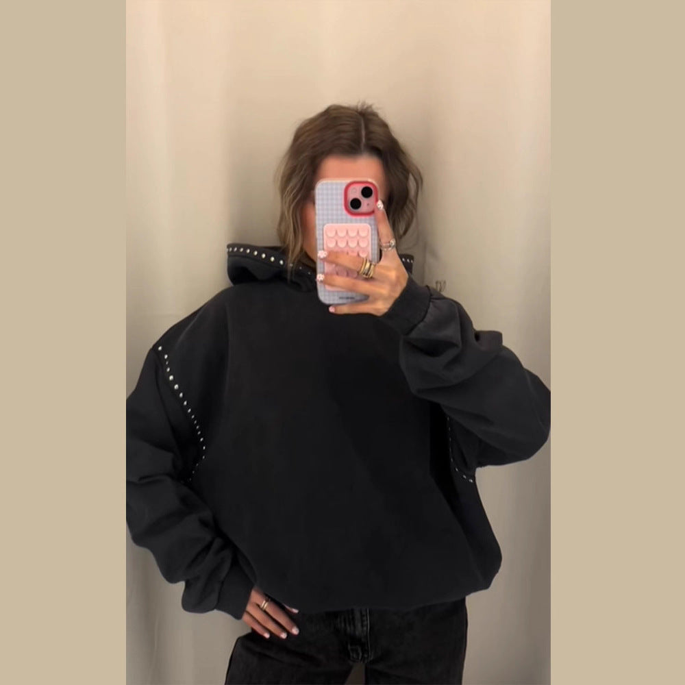 Women's Oversized Hooded Sweater with Studded Trim and Balloon Sleeves Mune Fashion