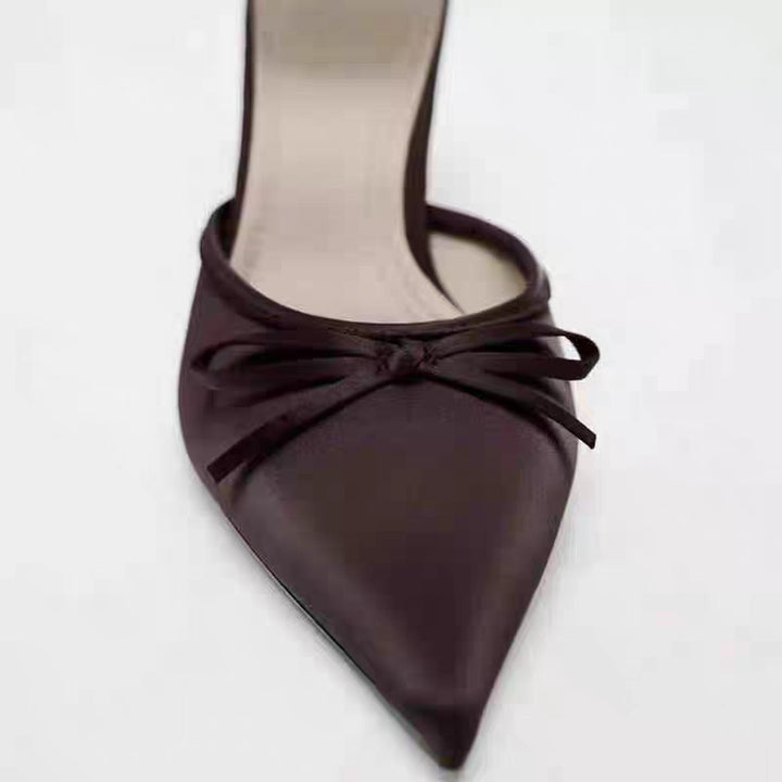 Women's pointed satin-like mule with delicate bow appliqué and slim stiletto heel Mune Fashion