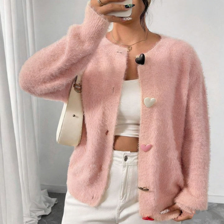 Women's Cozy Plush Cardigan with Colorful Heart Buttons and Boxy Silhouette Mune Fashion