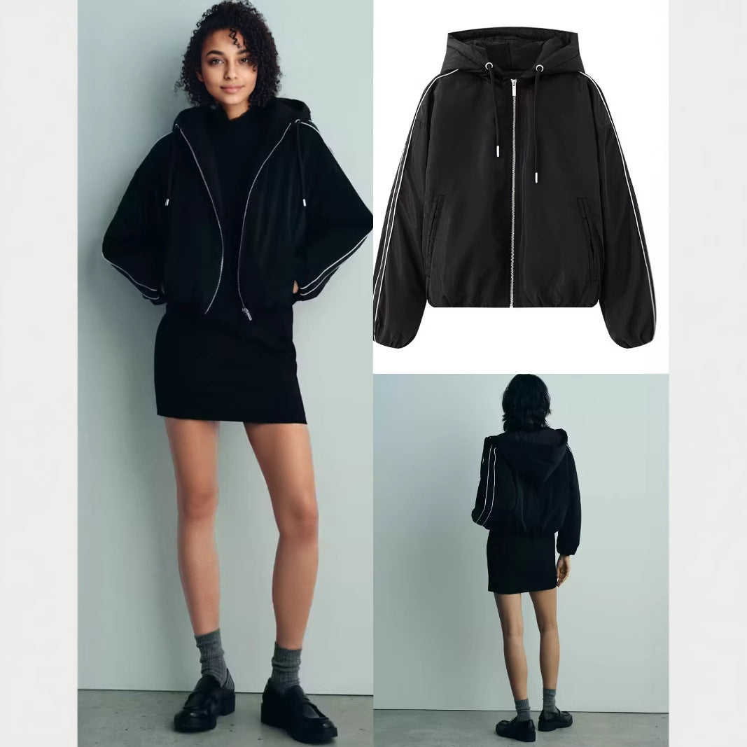 Women's oversized bomber-style hoodie jacket with drawstring, reflective piping, and elastic hem Mune Fashion