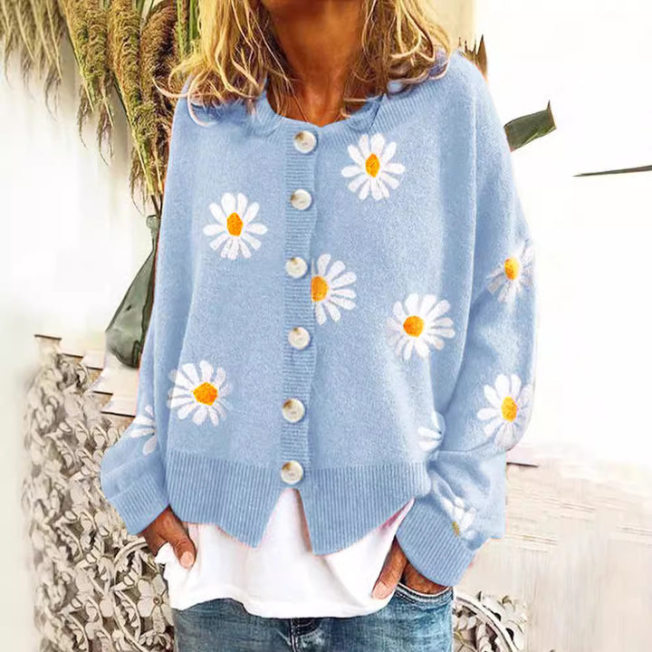 Women's Oversized Knit Cardigan with Button Placket and Daisy Print Mune Fashion