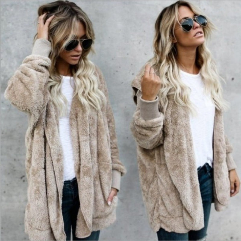 Women's Cozy Teddy Fleece Cardigan with Hood, Oversized Cut and Patch Pockets Mune Fashion