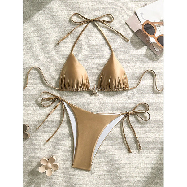Women's triangle bikini with adjustable halter and fashionable lacing details Mune Fashion