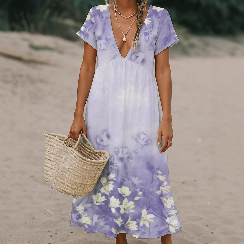 Ladies max dress with deep V-neck and flowing skirt Mune Fashion