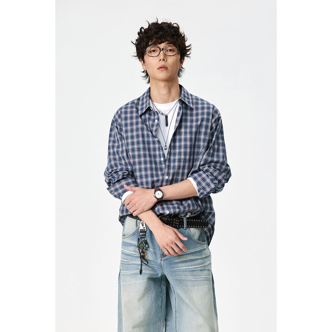 Men's Relaxed-Fit Check Shirt with Kent Collar, Curved Hem and Chest Pocket Mune Fashion