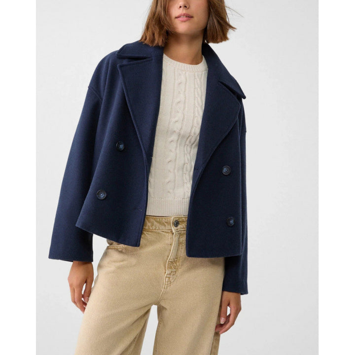 Women's Short Double-Breasted Wool Blend Peacoat with Oversized Lapels Mune Fashion