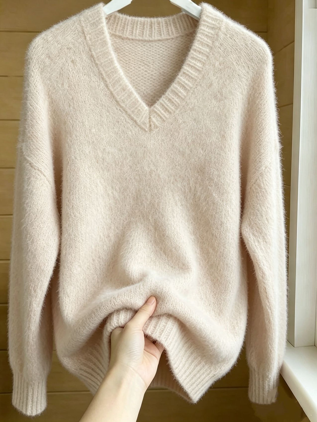 Women Fluffy Mohair-Mix Oversize Sweater with Deep V Neck Mune Fashion