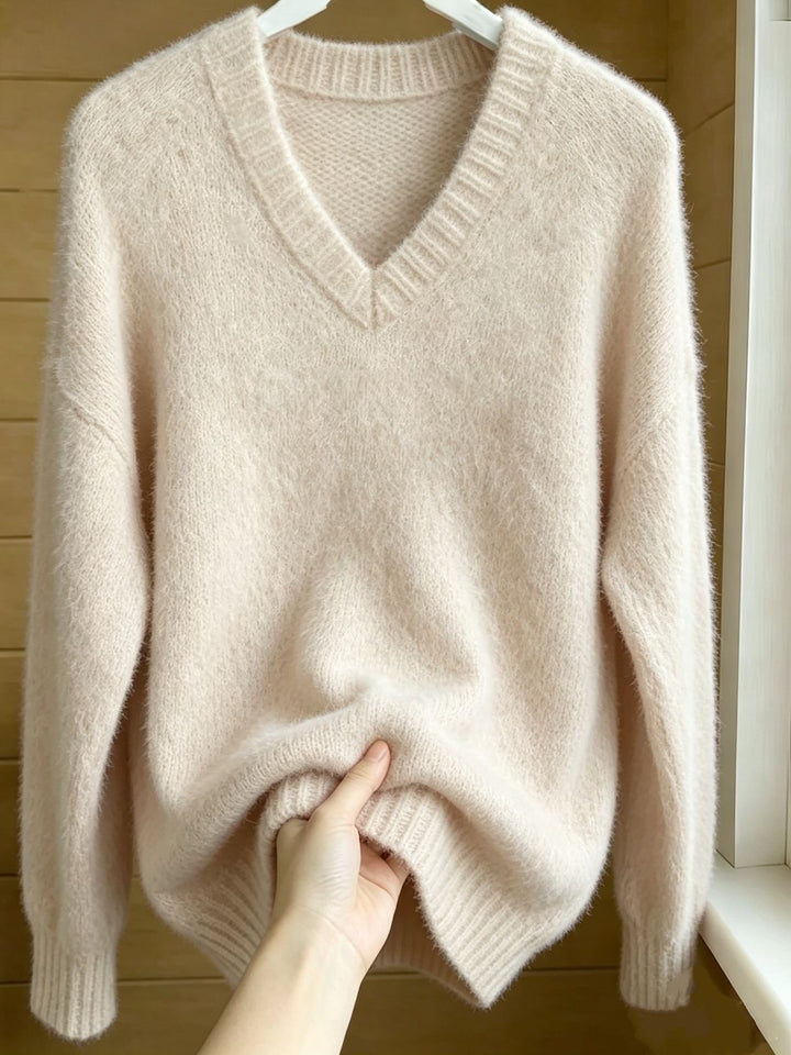 Women Fluffy Mohair-Mix Oversize Sweater with Deep V Neck Mune Fashion