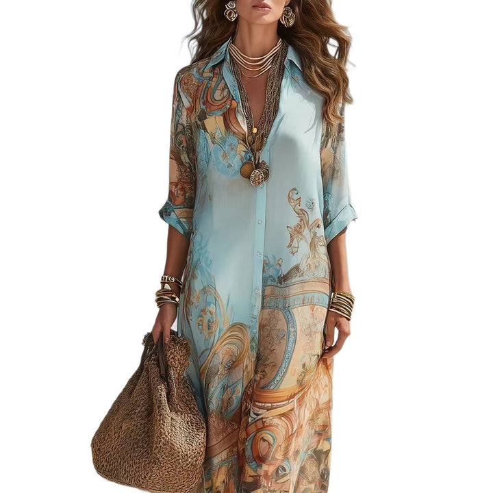Women's Shirt Dress Maxi Dress in Flowing Silk Look with Artistic Allover Print and 3/4 Sleeves Mune Fashion
