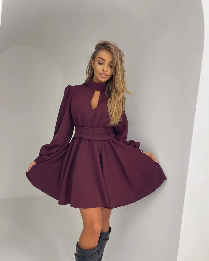 Women Elegant Short Dress with Stand Collar, Cut-Out, Wide Bell Skirt and Waist Sash Mune Fashion