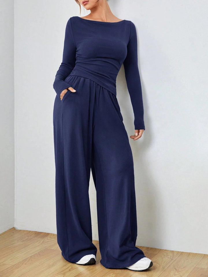 Women's Casual Two-Piece Lounge Set with Boat Neck, Tailored Draping and Wide Palazzo Pants Mune Fashion