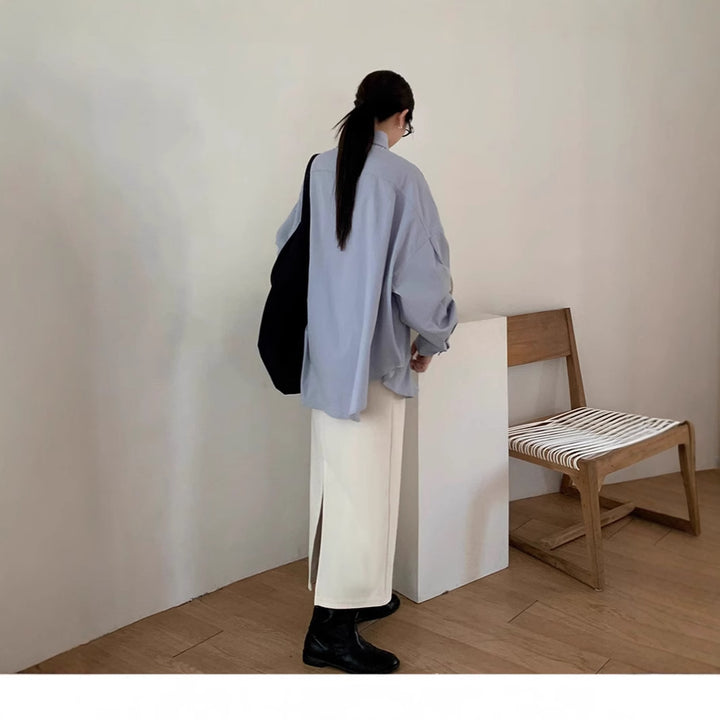 Women's Loose Oversize Shirt with Stand Collar, Extended Back and Drop Shoulders Mune Fashion