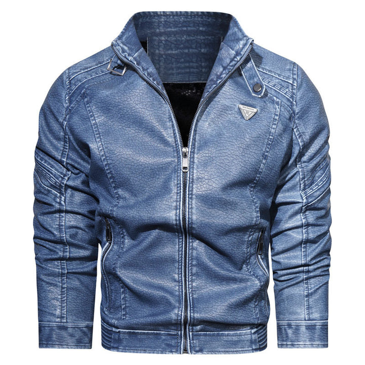 Men's Denim-Look Biker Jacket with Textured Surface and Stand-Up Collar Mune Fashion