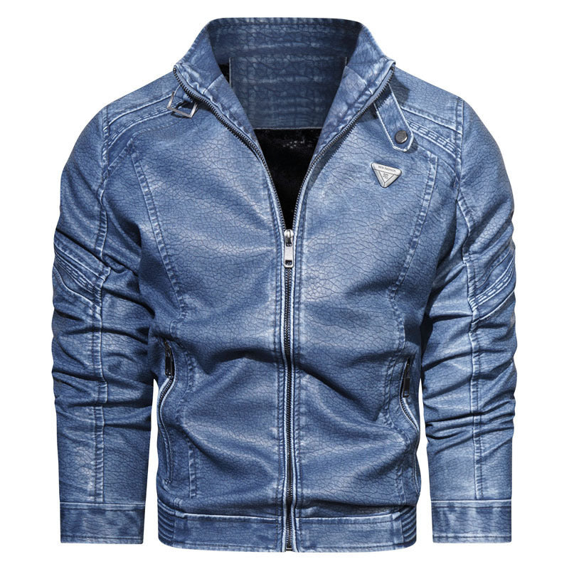 Men's Faux Leather Bomber Jacket in Used Denim Look with Stand Collar and Zipper Pockets Mune Fashion