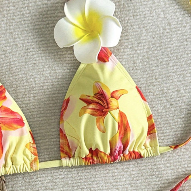 Women's triangle bikini with floral accents and adjustable ties Mune Fashion
