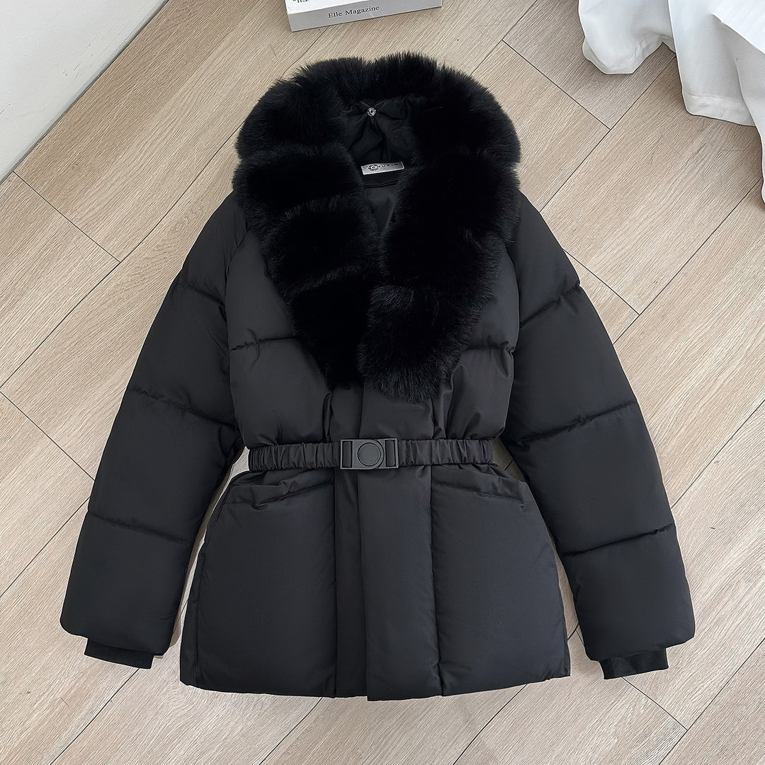 Women Tailored Short Quilted Jacket with voluminous Shawl Collar made of Faux Fur and Decorative Belt Mune Fashion