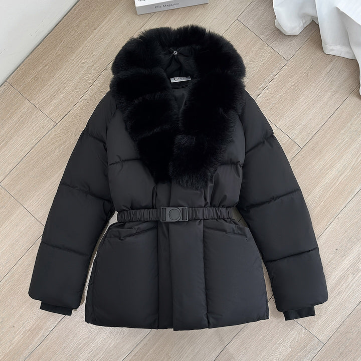 Women Tailored Short Quilted Jacket with voluminous Shawl Collar made of Faux Fur and Decorative Belt Mune Fashion