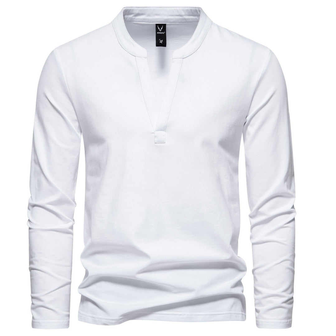 Men's long-sleeved Henley shirt with stand-up collar, deep V-opening and slim fit Mune Fashion