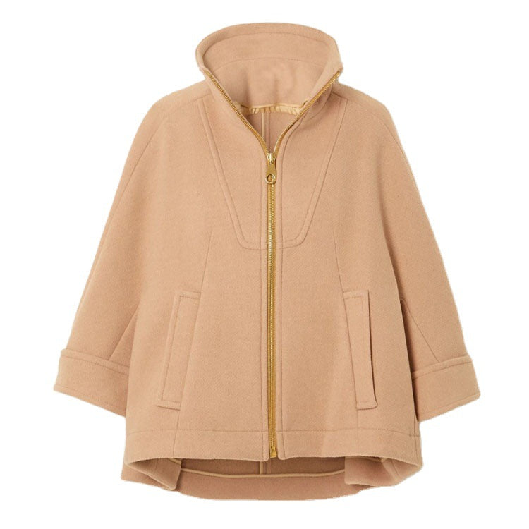 Women's Short Cape Jacket made of Wool Blend with Stand-up Collar and Zipper Mune Fashion
