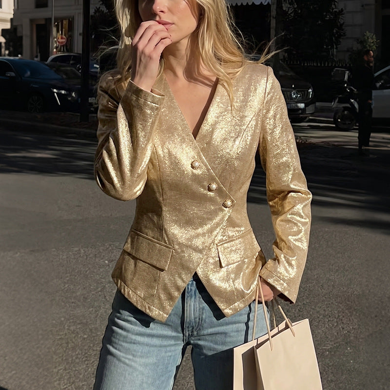 Women Tailored Metallic Blazer with Pearl Button Placket and Peplum Mune Fashion