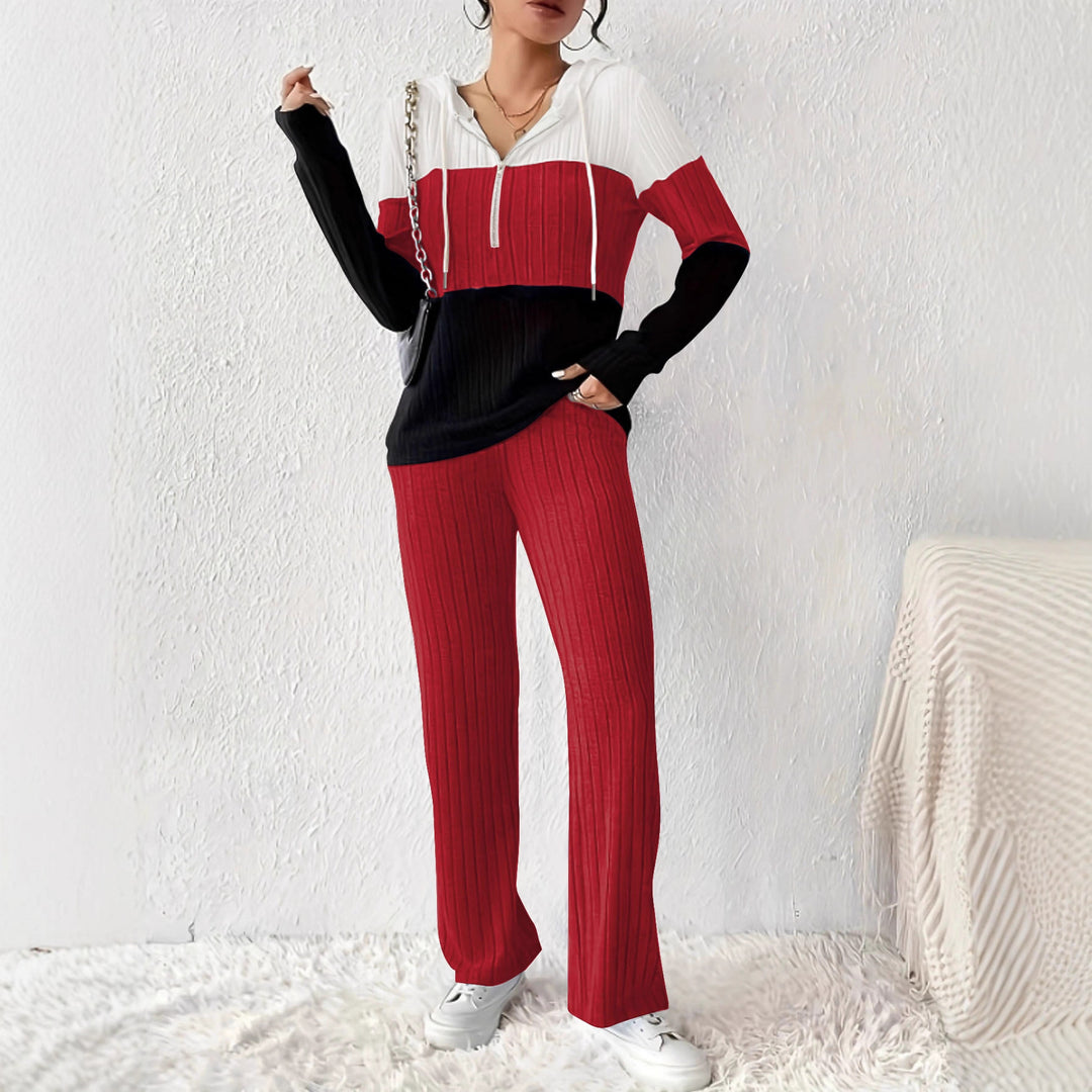 Women's Ribbed Lounge Set with Hooded Half-Zip and Wide Palazzo Knit Pants Mune Fashion