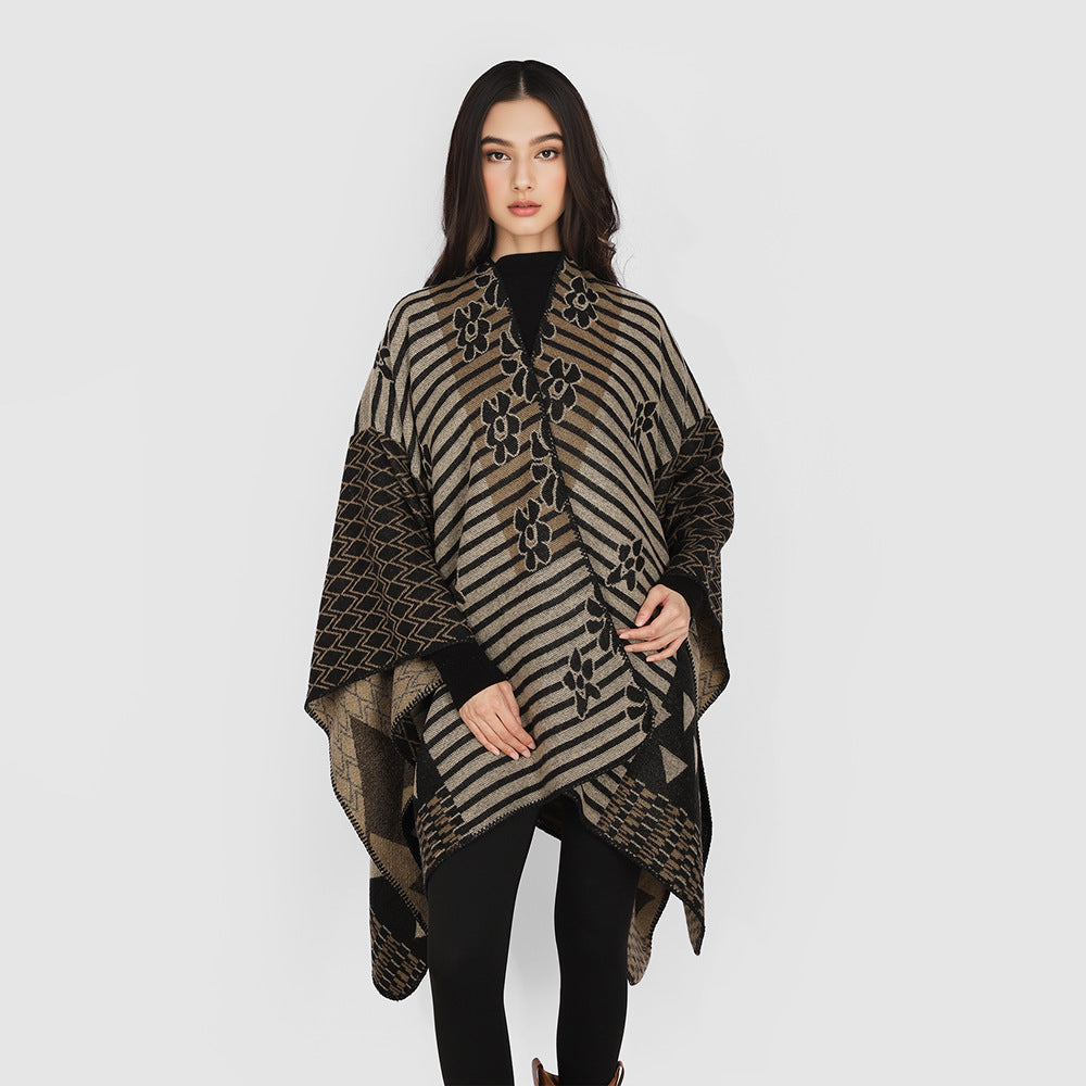 Women's Oversize Jacquard Ruana in Ethno Patchwork Design Mune Fashion