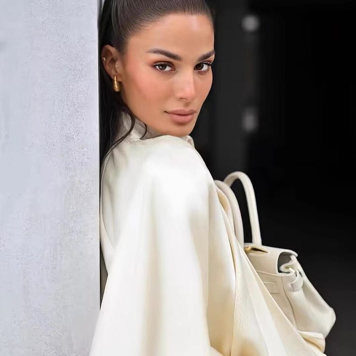 Women's satin cape blouse with zipper, balloon sleeves and gathered hem Mune Fashion