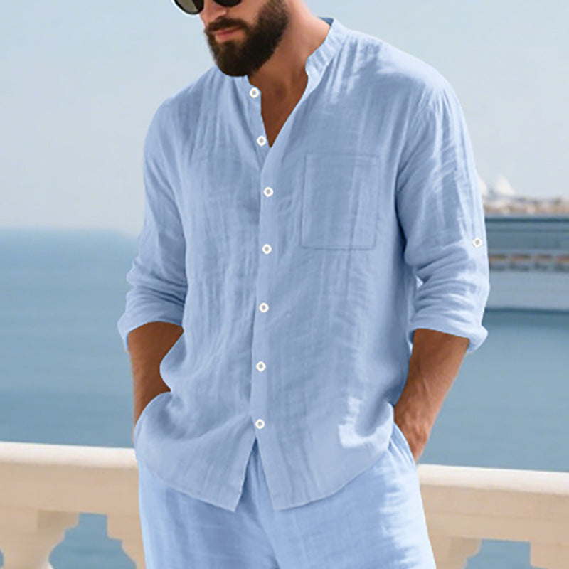 Men's airy linen shirt with stand-up collar, breast pocket, and rollable sleeves Mune Fashion
