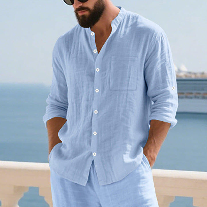 Men's airy linen shirt with stand-up collar, breast pocket, and rollable sleeves Mune Fashion