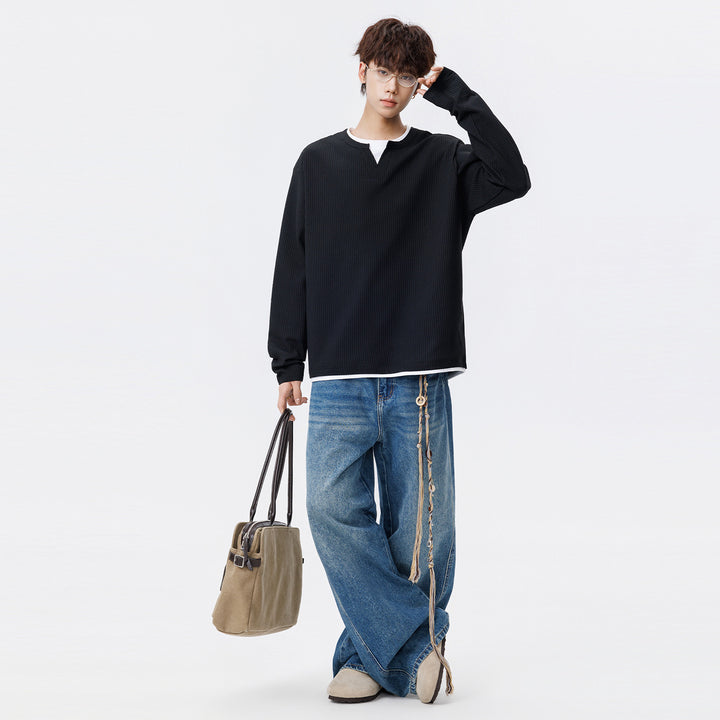Men's Oversized Waffle Texture Sweatshirt with V-Neck and Layered Look Mune Fashion