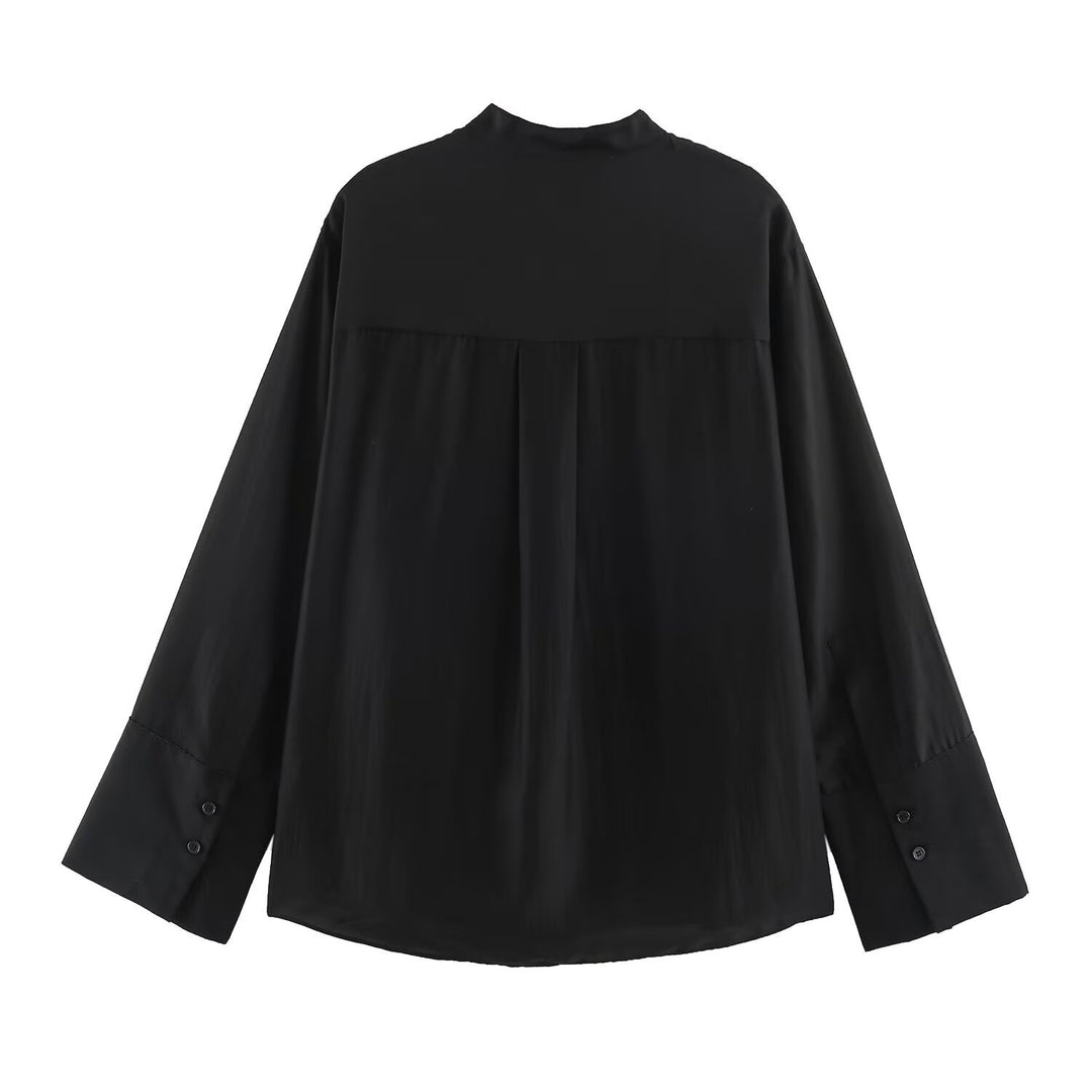 Women Oversized Silk Effect Shirt Blouse with Stand Collar and Embroidered Chest Pocket Mune Fashion