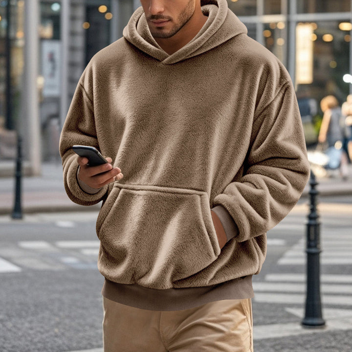 Men's cozy oversized fleece hoodie with kangaroo pocket and ribbed hem Mune Fashion
