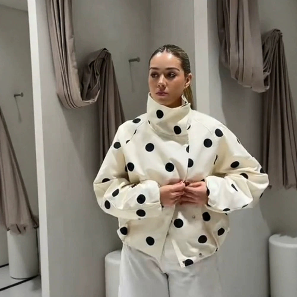 Women's cropped bomber jacket with oversized shawl collar and polka dot print Mune Fashion