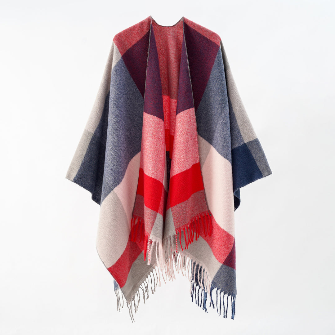 Women's Soft Oversize Cape made of Wool Blend with Large Block Pattern and Fringe Hem Mune Fashion