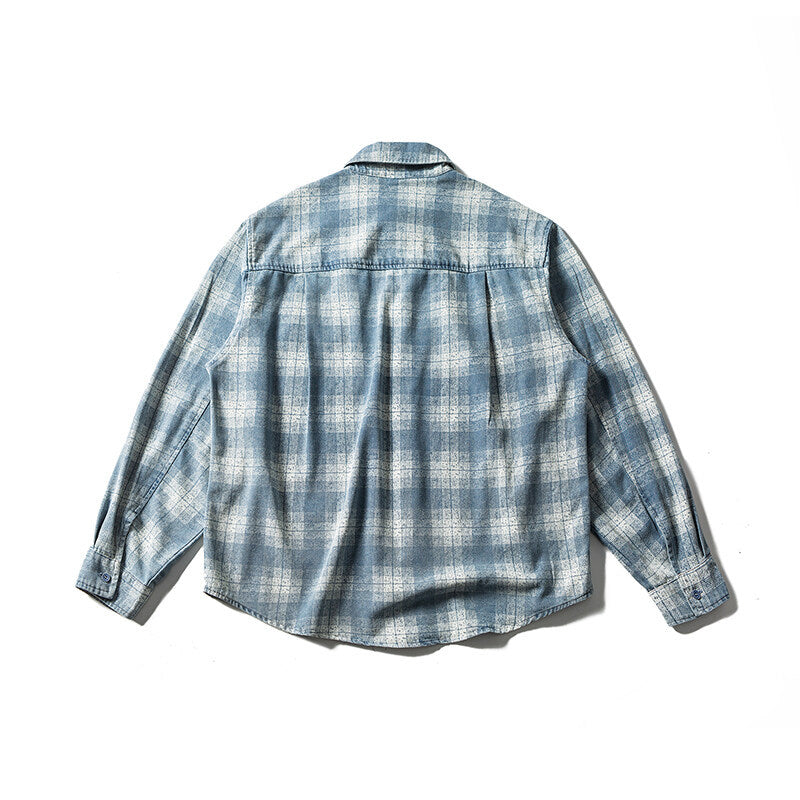 Men's Loose Check Shirt in Vintage Denim Look with Patch Chest Pocket and Used Details Mune Fashion