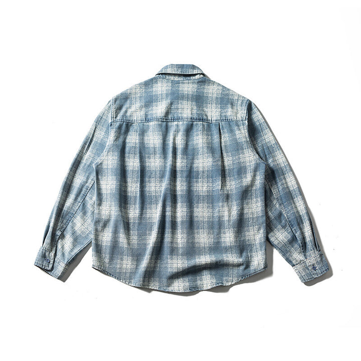 Men's Loose Check Shirt in Vintage Denim Look with Patch Chest Pocket and Used Details Mune Fashion