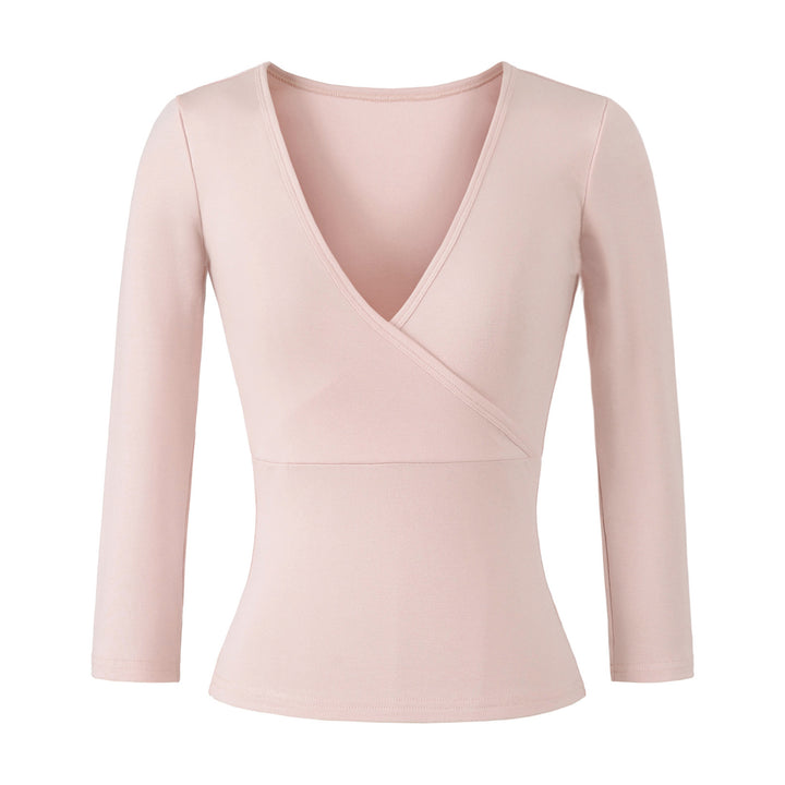 Women's figure-hugging wrap top made of stretch jersey with deep V-neck and tailored silhouette.