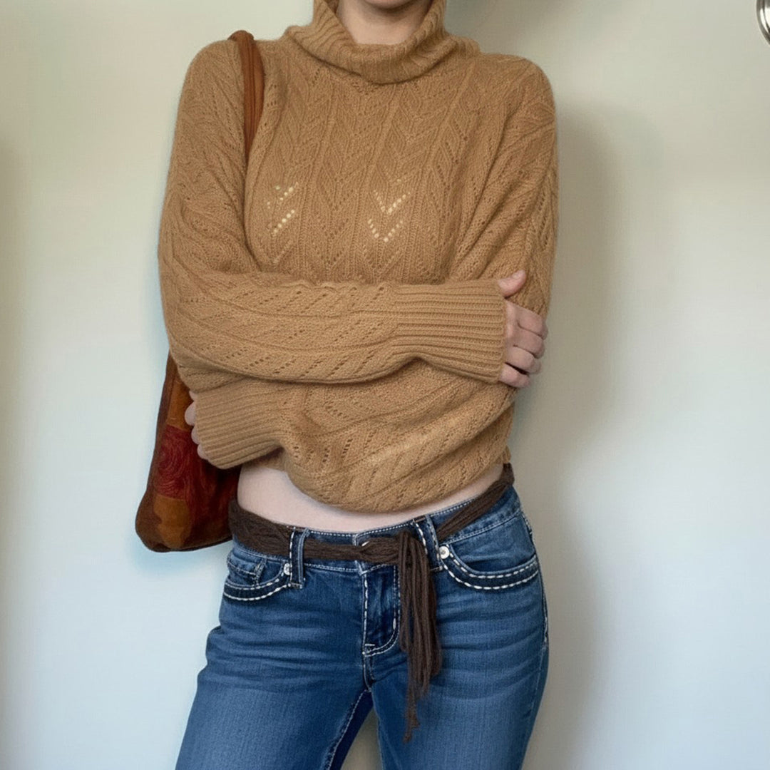 Women's short knit turtleneck with decorative button placket and balloon sleeves Mune Fashion