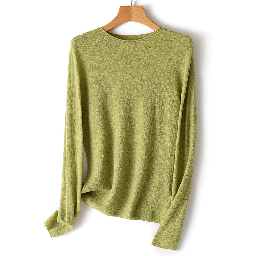 Women Lightweight Structured Long Sleeve Knit Sweater with Round Neck and Fine Crinkle Look Mune Fashion