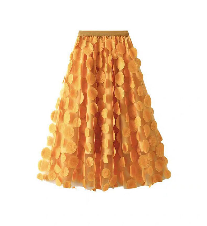 Women's flared midi skirt with transparent 3D appliqués and elastic waistband Mune Fashion