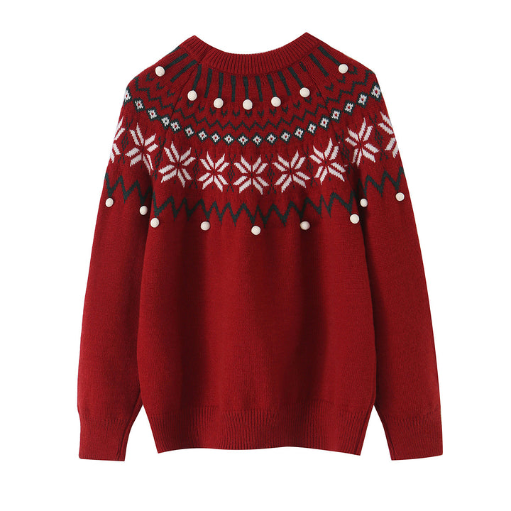 Women’s Norwegian Pattern Knit Sweater with Round Neck and Three-Dimensional Pompons Mune Fashion