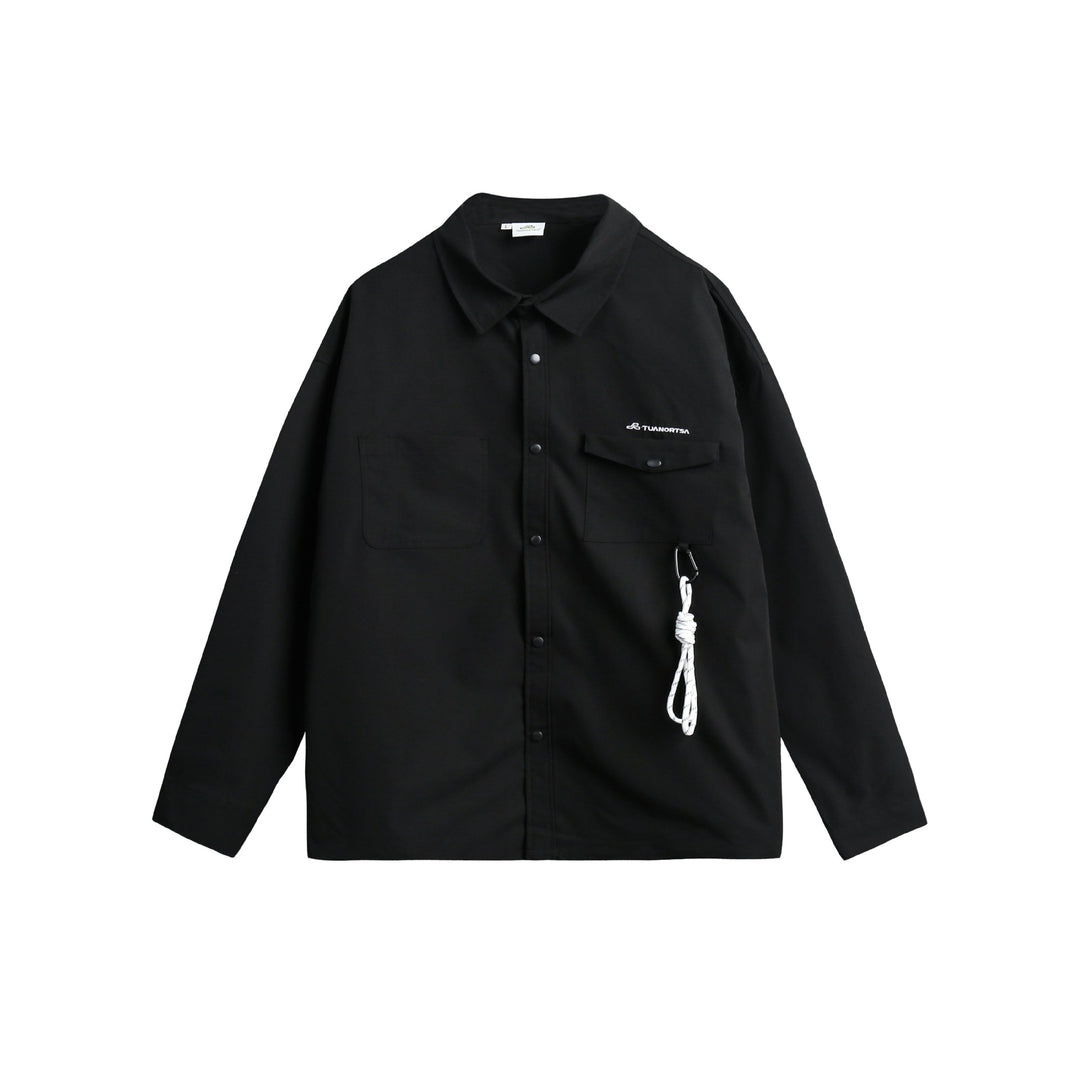 Unisex overshirt jacket in utility style with snap button placket and carabiner detail Mune Fashion