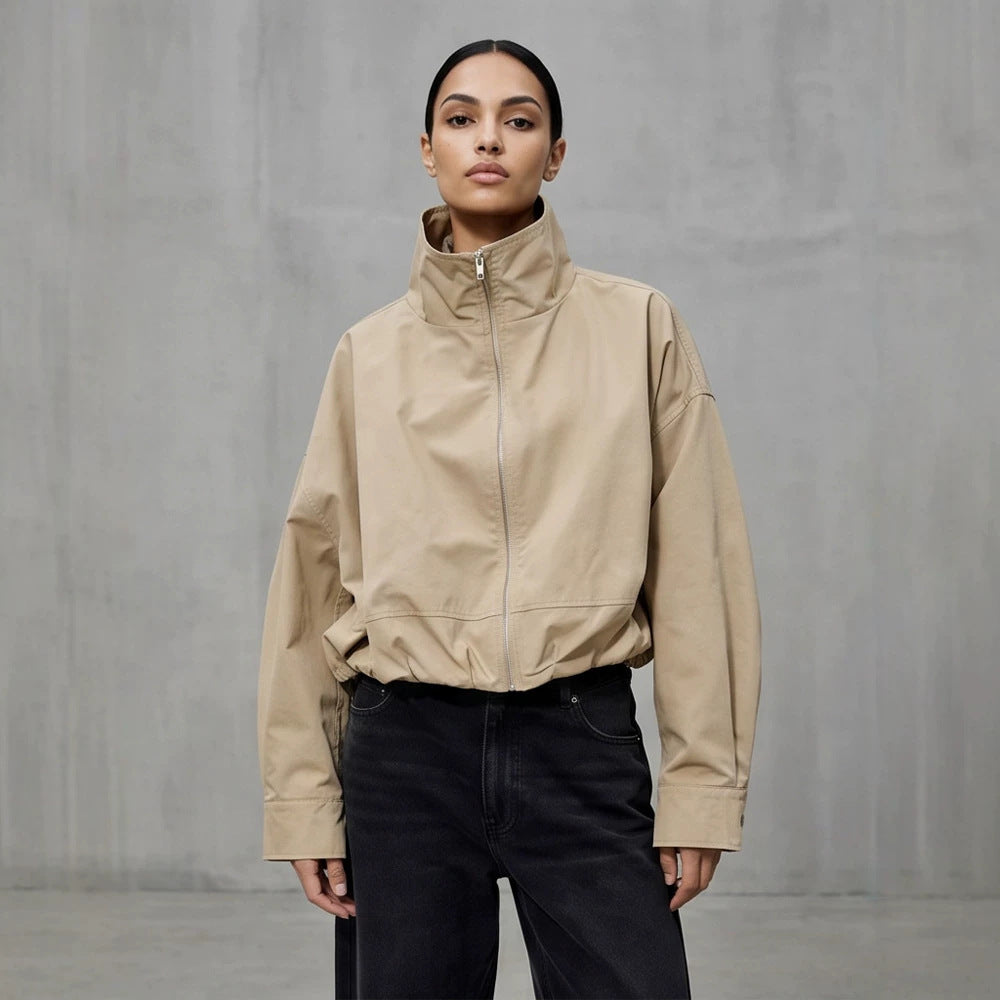Women's Boxy-Cropped Windbreaker Jacket with High Standing Collar and Straight Hem Mune Fashion