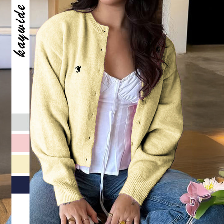 Women’s short fine knit cardigan with pearl buttons, round neck and delicate horse embroidery Mune Fashion